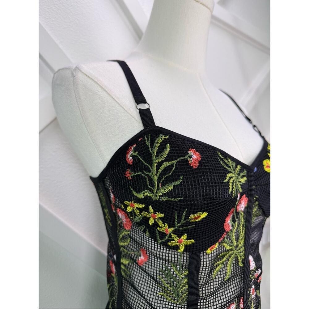 Allen Schwartz Embroidered Floral Mesh Corset Bodysuit Black Size 4 Sheer - Picture 4 of 9